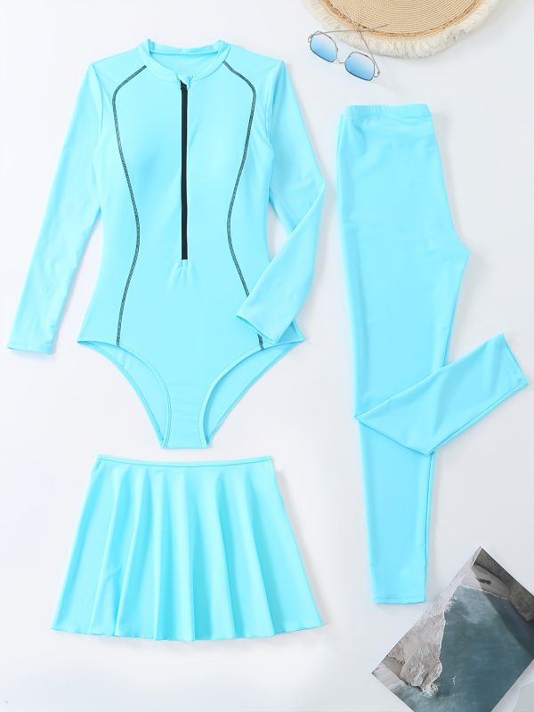 one-piece Women's Long Sleeve Full Coverage Swimsuit with High-Waist Skirt, Sporty One-Piece Swimwear