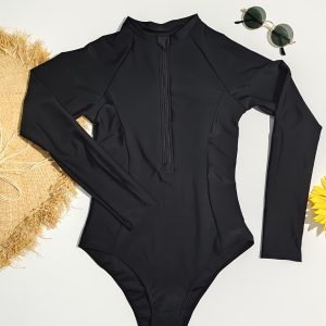 Women's Athletic One-Piece Swimsuit, Sporty Style, Long Sleeve, Zipper Detail, Solid Color Competitive Swimwear