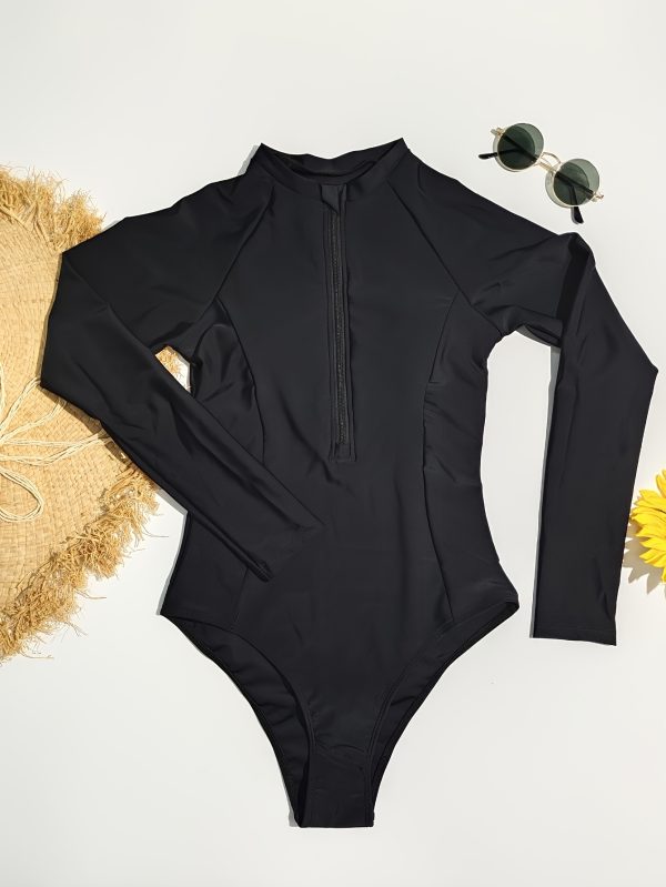 Women's Athletic One-Piece Swimsuit, Sporty Style, Long Sleeve, Zipper Detail, Solid Color Competitive Swimwear