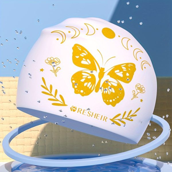 Butterfly Print Silicone Swim Cap with Ear Protection - Waterproof, Durable & Comfort Fit for Long Hair - Ideal for Beginners