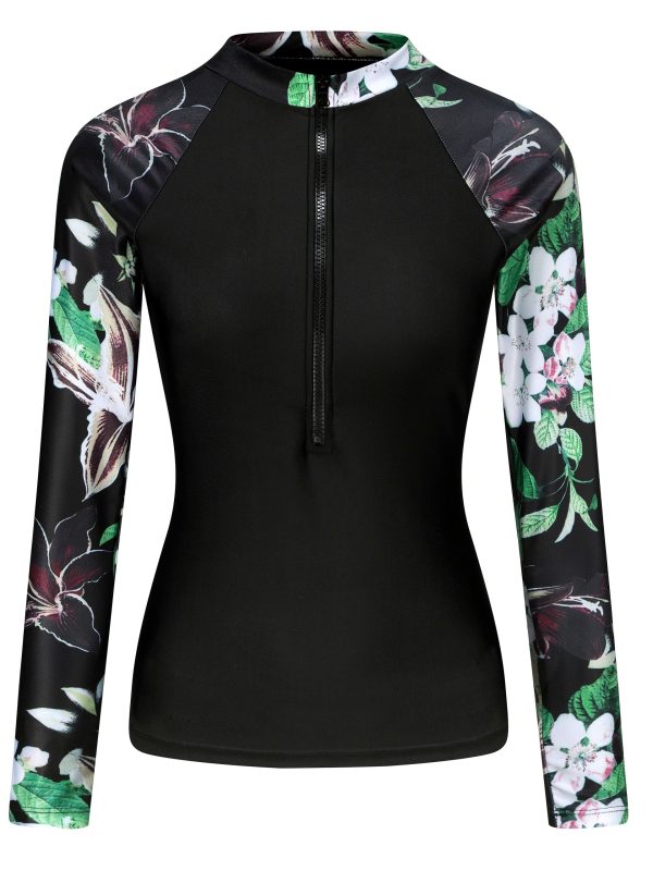 Plant Graphic Casual Tankini Top, Long Sleeves Round Neck Half Zipper Slimming Swimming Top, Women's Swimwear & Clothing