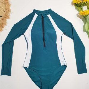 Contrast Color One-piece Swimsuit, Long Sleeves Half Zipper Surfing Water Sports Competitive Bathing Suit, Women's Swimwear & Clothing