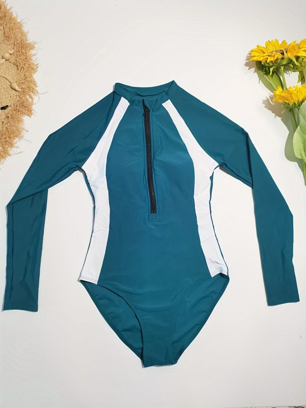 Contrast Color One-piece Swimsuit, Long Sleeves Half Zipper Surfing Water Sports Competitive Bathing Suit, Women's Swimwear & Clothing