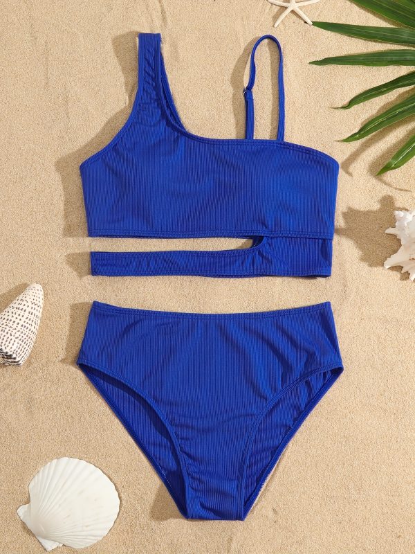 Solid Color Cut Out Bikini Sets, Asymmetrical High-Stretch High Cut Two Pieces Swimsuit, Women's Swimwear & Clothing