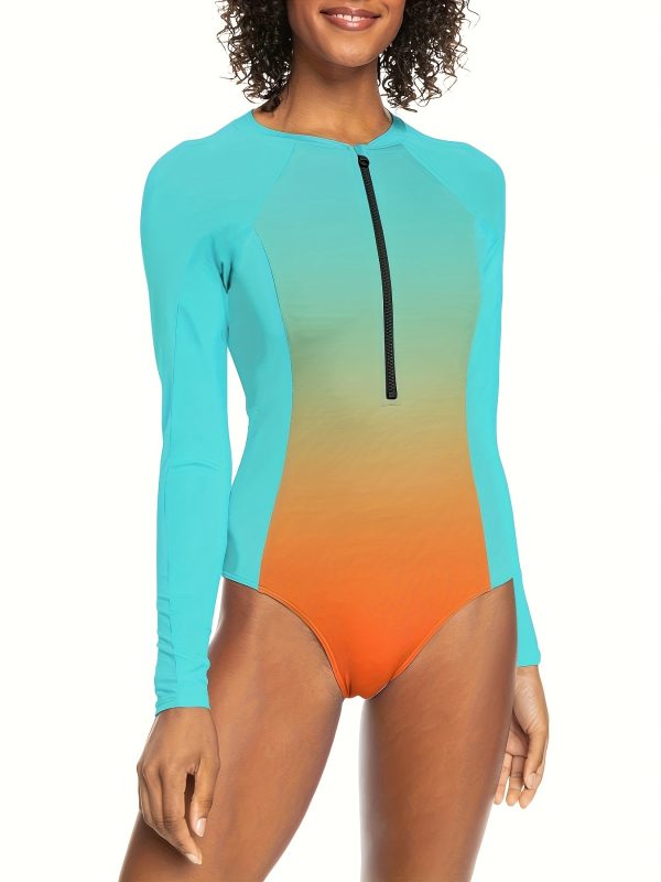 Rash Guard For Women Swimsuit Long Sleeve Swim Shirts One Piece Gradient Zipper Bathing Suit UV Protection