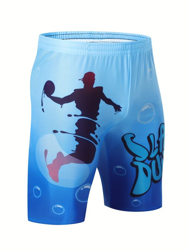 Toouck Plus Size New Men's Basketball Pattern Shorts Swim Trunks, Casual Elastic Waist Drawstring Shorts for Beach Summer Vacation Swimming Surfing