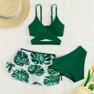 Leaf Print High-Cut Bikini Set with Cross Strap Top & Skirt, Summer Beachwear for Women