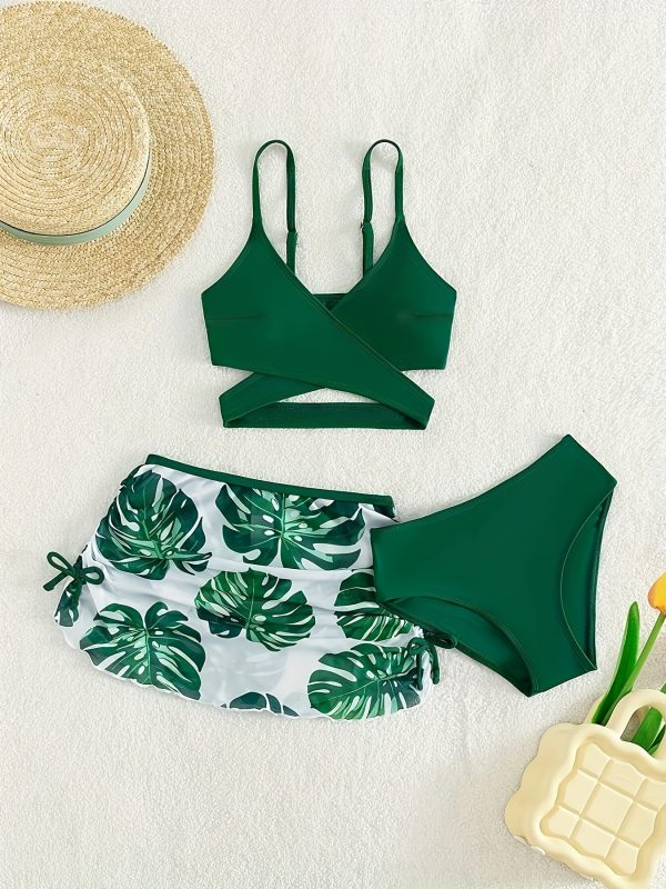 Leaf Print High-Cut Bikini Set with Cross Strap Top & Skirt, Summer Beachwear for Women