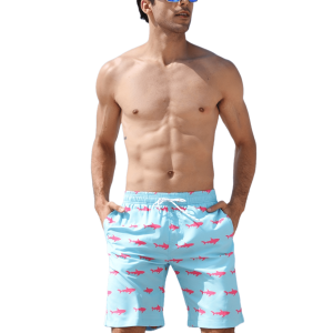 Men's Trendy Hawaiian Graphic Shorts With Drawstring And Fancy Shark Pattern Print, Quick Dry Swim Trunks For Summer Beach, Pool And Resort