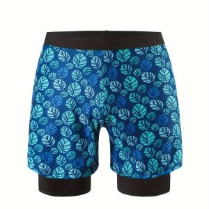 Leaves Pattern Men's Active Double-layer Stretch Tight Swim Trunks For Summer Beach