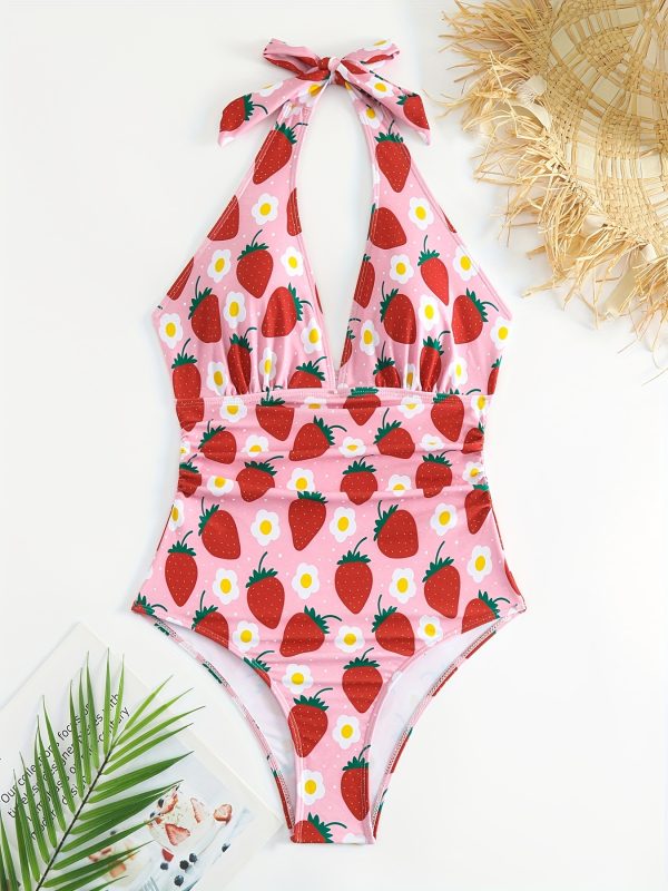 Pink Strawberry Floral Print Halter Ruched One-piece Swimsuit, Tie Neck Backless High Cut Tummy Control Cute Kawaii Bathing Suits, Women's Swimwear & Clothing Valentine's Day