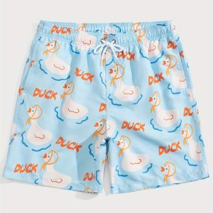 White Ducks Printed Beach Trunks For Men, Summer Casual Shorts, for Swimming and surfing