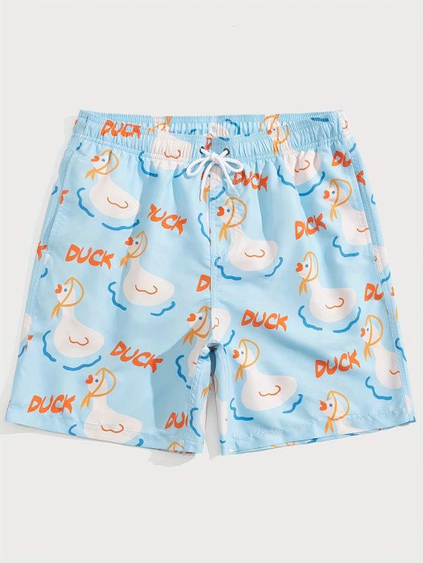 White Ducks Printed Beach Trunks For Men, Summer Casual Shorts, for Swimming and surfing